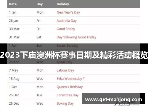 2023下庙澳洲杯赛事日期及精彩活动概览