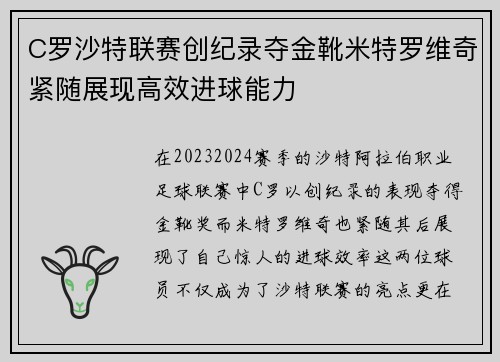 C罗沙特联赛创纪录夺金靴米特罗维奇紧随展现高效进球能力